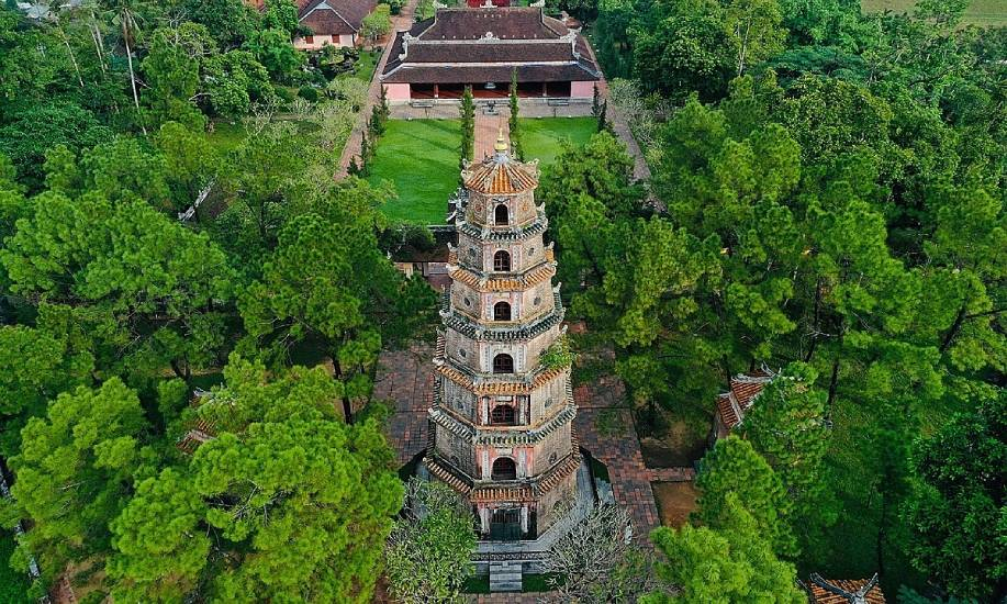 Thien Mu Pagoda overlooks the Perfume River